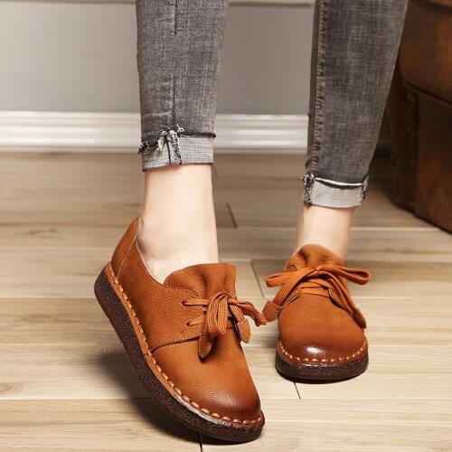 Genuine Leather Shoes Women Lace-up Loafers Casual Flat Shoes Women Shoes Mother Driving Shoes Female Handmade Women Flats