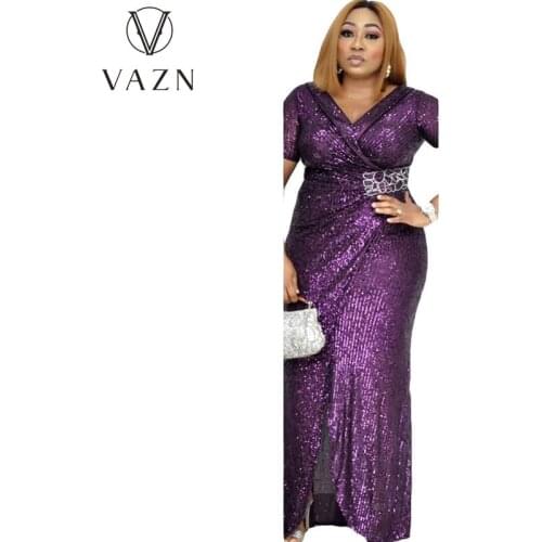 VAZN Spring 2021 African Large Size Evening Dress Sequins Sexy V-neck European and American Dress Short Sleeves