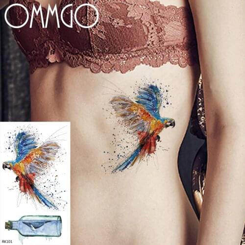 OMMGO Watercolor Graffiti Parrot Temporary Tattoos For Women Men Sticker Fake Tattoo Bulb Marine Tatoos Body Art Arm Sheet