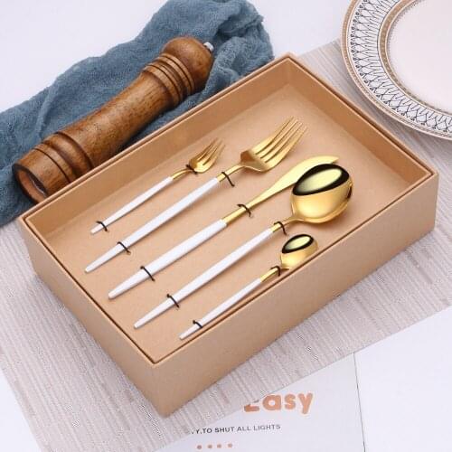 Western Dinnerware White Gold Stainless Steel Set Reusable Tableware Kitchen Utensils Spoon Sforks Knives Sets Travel Cutlery