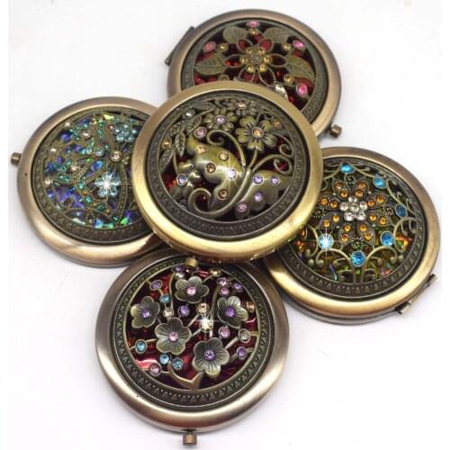 Bronze Color Flower Diamond Metal Portable Pocket Mirror Mini Two-sides Folding Makeup Mirror Vintage Butterfly Cosmetic Mirrors