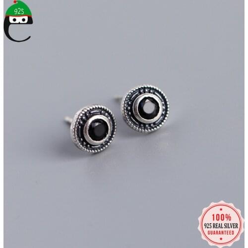 ElfoPlataSi Authentic 925 Sterling Silver Fashion Round Black CZ Stud Earrings for Women Anti-allergy Silver 925 Jewelry DA777