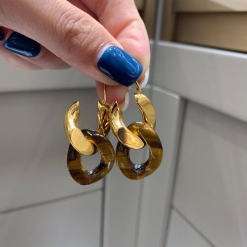 Double Color Natural Stone Link Earrings Brass With 18K Gold Women Jewelry Punk Party Gown Runway rare Boucle Korean Japan