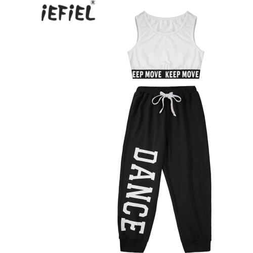 Kids Girls Child Dance Sets Hip Hop Jazz Dancewear Outfit Sleeveless Letter Print Tanks Crop Top With Sweatpants Tracksuit Set