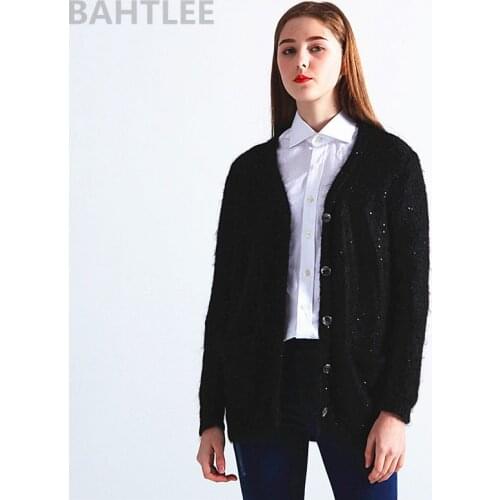 BAHTLEE Mohair Cardigan Women Blended Knitted Solid Long Sleeves Wool Coat Casual Lazy Style Sequins Pocket Black Color