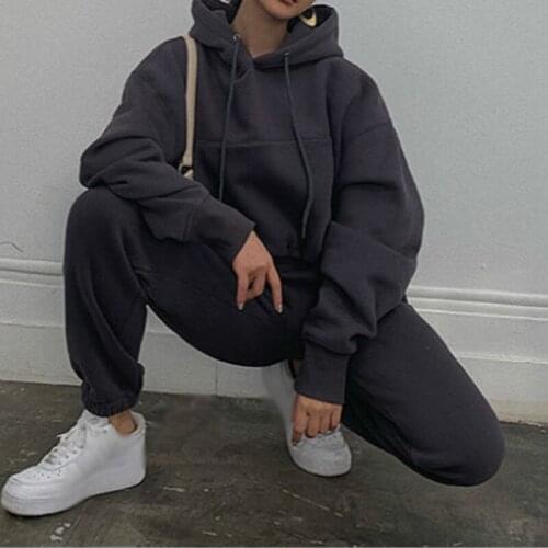Womens Tracksuit Cropped Hoodie Two Piece Set Long Sleeve Hooded Drawstring Sets Female 2021 Autumn Causal Lady Sportswear Suit
