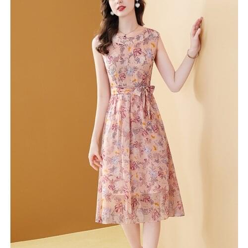Summer Sleeveless Chiffon A-Line Long Dress Elegant Slim O-Neck Sashe Dresses French Floral Boho Printed Women Vestidos