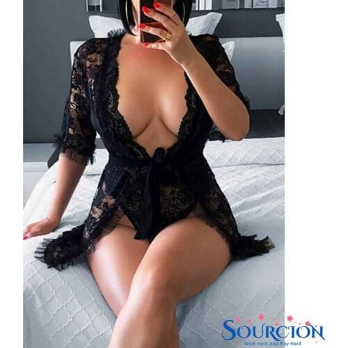 SWT Womens Eyelash Lace Babydoll Lingerie SetCostumes Hot Sexy Mesh Nightwear Sets Sheer Nightgown Tops Nightgown Dress