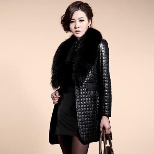 Ladies Coat Outwear 2021 Winter Women Thick Long Leather Jacket with Fur Collar Slim Solid Office