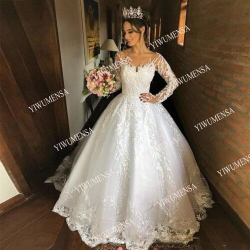 Luxury Princess 3d Flowers Ball Gown Bridal O Neck Illusion Long Sleeves White Wedding Dresses Beaded Custom Made Vestidso Novia