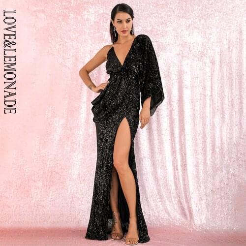 LOVE&LEMONADE Sexy Black V-Neck Single Sleeve Sequins Split Party Maxi Dress LM81848