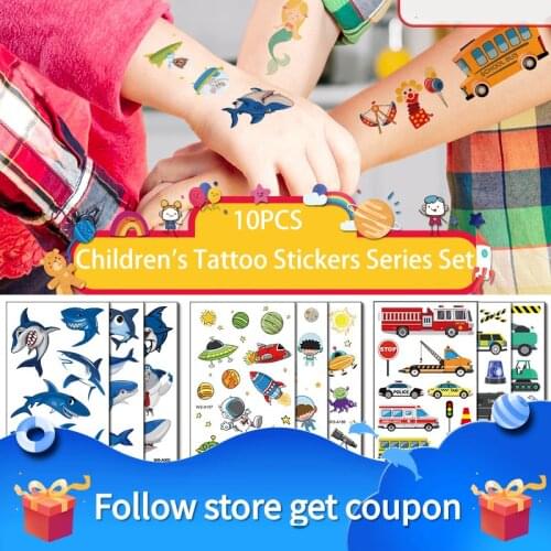 10PCS Childrens Tattoo Stickers Waterproof Temporary Transfer Cartoon Fake Mermaid Unicorn Cute Funny Decoration Gift Kids Toy