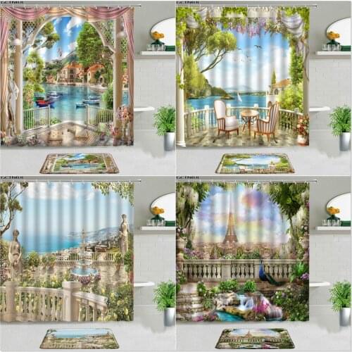 2pcs Natural Scenery Shower Curtains Mediterranean Architecture Landscape Flower Plant Bathroom Decor Set With Non-slip Carpet
