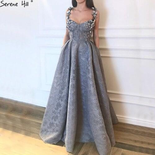 2020 Grey Sequined Flowers Lace Evening Dresses New Sexy Sleeveless Fashion Beach Evening Gowns Serene Hill LA6539