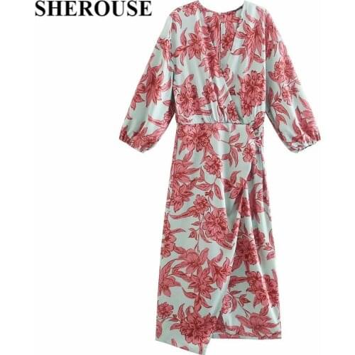 2021 Women Fashion Front Slit Floral Printed Midi Dress V-Neck Three Quarter Sleeves Vintage Female Dresses