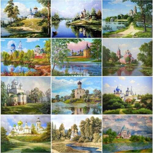 5D Full Round Diamond Embroidery Church Summer Scenic Diamond Painting Full Square Landscape Picture Rhinestones Mosaic Handmade