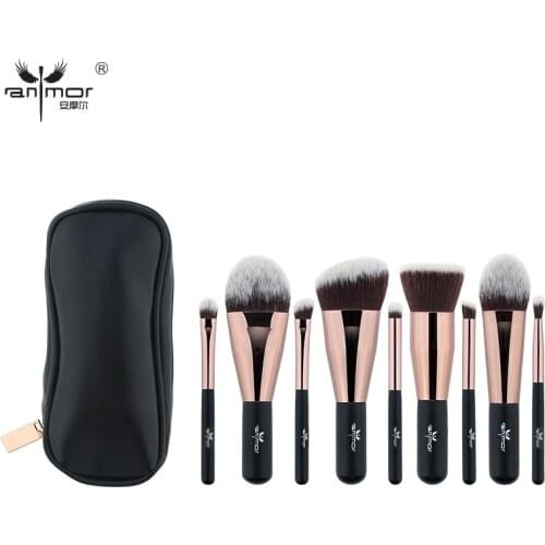 Anmor 9Pcs Makeup Brushes Set With Bag Synthetic Hair Wooden Face Make Up Brush For Powder Foundation Eyeshadow Blending Tools