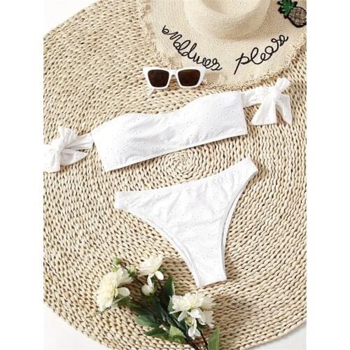 Sexy Off Shoulder Bikini 2021 Women Solid White Knot Bow Push Up Swimsuit Brazilian Beach Bathing Suit Triangle Swimwear Biquini