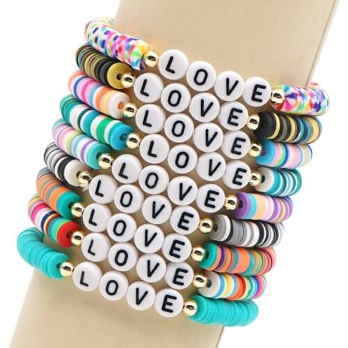 Go2Boho Polymer Clay Beads Bracelet LOVE Letter Boho Jewelry African Bracelet Heishi Disc Pulseras Mujer 2020 Elastic Armband
