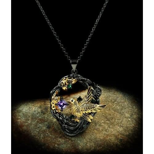 CHARLINLIOL Antique Jewelry Vintage Magpie Black Gold Pendant Necklace Luxury Amethyst Charms Choker Short Chain for Women