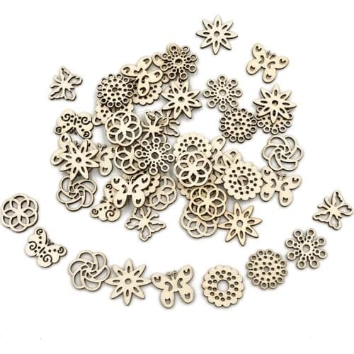 50PCS DIY Flower Butterfly Wooden Chips Decorative Embellishments Crafts Scrapbook Hand-made Graffiti Button Accessories