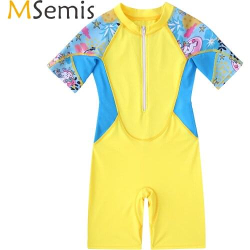 Kids Girls One-piece Swimwear Stand Collar Front Zipper Closure Swimsuit Print at Side Shorts Jumpsuit Beach Bathing Suits