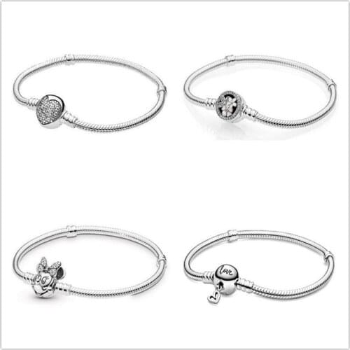 925 Sterling Silver Moments Freehand Heart Clasp Snake Chain Bracelet Bangle Fit Bead Charm Bracelet DIY Fashion Jewelry