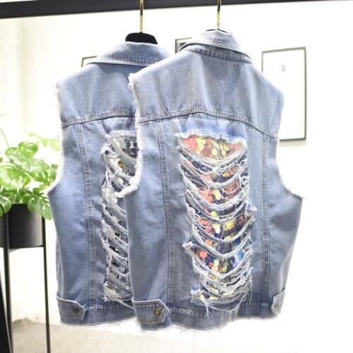 Europe Spring Ripped Hole Denim Vest Women Sleeveless Sequins Frayed Coats Short All Match Waistcoat Loose Fashion Streetwear