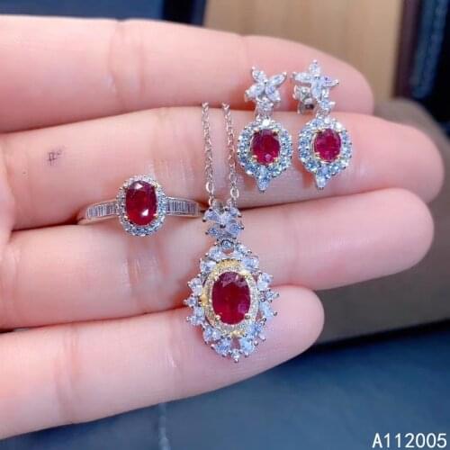 KJJEAXCMY Fine Jewelry 925 sterling silver inlaid natural ruby female ring pendant earring set noble supports detection