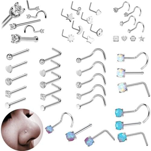3/4/5/8/21pcs 20G Nose Studs Set Surgical Steel L-Shape Nostril Studs Screws Nose Ring Hoop Body Piercing Jewelry Mixed Styles