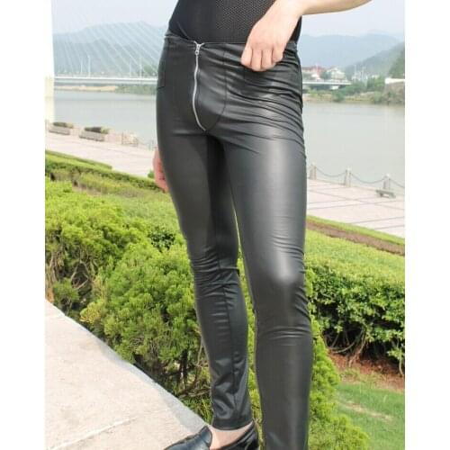 Sexy Men Zipper Open Pencil Pants Low Rise Waist Faux Leather Matte Leggings Plus Size Tight Erotic Lingerie Gay Wear F128