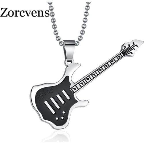 Modyle Trendy Guitar Necklace Pendant Free 24inch Chain Stainless Steel Punk Rock Music Jewelry