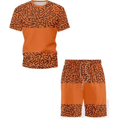 3D printing mens round neck T-shirt football training suit summer short-sleeved casual sports morning running T-shirt + pants