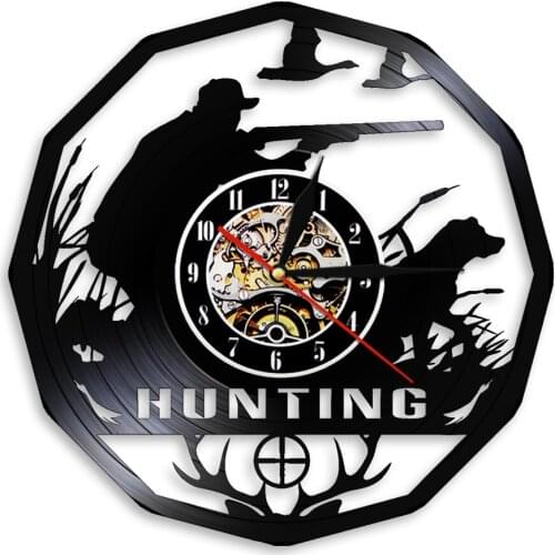 Hunting LED Wall Clock Glow in Dark Deer Hunter Trophy Award Men Rifle Aiming Vinyl LP Record Wall Watch Shooter Home Decorative