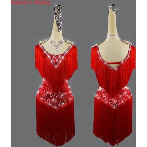 Latin Dance Dress Full Diamond Tassel Long Skirt Performance Clothing High-End Custom Children Woman Stage Competition Clothes