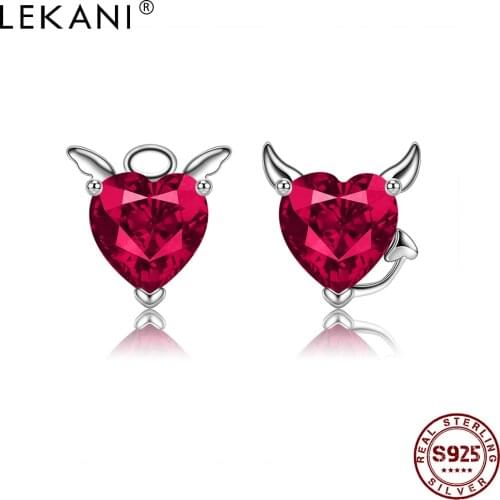 LEKANI Real 925 Sterling Silver Angel And Devil Asymmetry Earring Pink CZ Heart Stud Earrings For Women Silver 925 Jewelry Gift