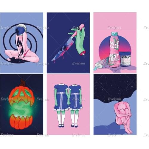 Nordic Wall Art Set Of 6 Illustrated Postcards Horror, Gothic,Spiritual,Etherial, Bundle, Spooky Posters And Prints Canvas Decor