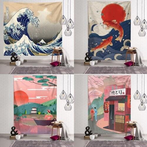 Japanese Kanagawa Waves Printed Hanging Tapestry Whale Arowana Deer Snake Totem Wall Hanging Tapestries Boho Bedspread Blanket