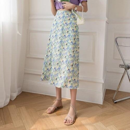 2021Summer printing Mid-length skirt Korean-style A-line skirt High-waist Womens Elegant New Skirts