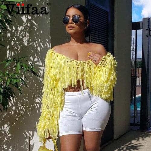 Viifaa Cut Out Fringe Cropped Cardigan Sexy Tops Fall 2021 Womens Fashion Solid Color Streetwear Knitted Sweater Coat