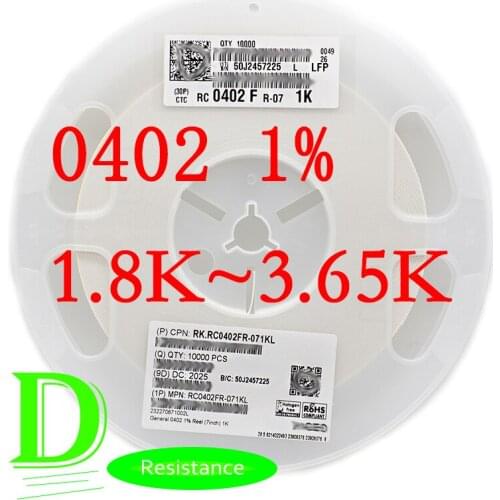 100PCS SMD Resistor RC Series 0402 1% Original RC0402FR-07 Series 1.8K-3.65K All resistors 1.8K 2K 2.2K 2.4K 2.7K 3K 3.3K 3.6K