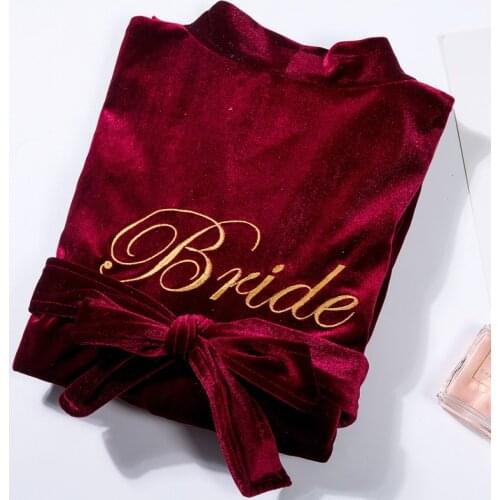 Burgundy Bride Embroidery Velour Kimono Robe Dressing Bridesmaid Wedding Party Bathrobe Gown Pajamas Loose Sleepwear Nightwear
