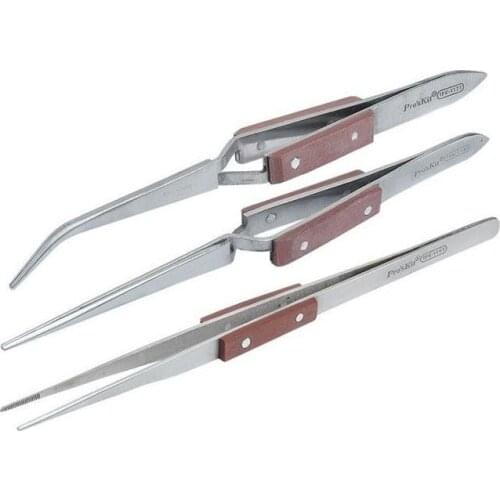 Free Shipping! Brand ProsKit 1PK-117T 1PK-118T 1PK-119T Tweezer Set Wooden Handle Sharp Curved Stainless Steel Tweezer