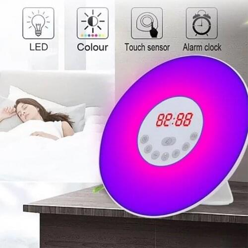 Wake Up Light Alarm Clock Sunrise/Sunset Simulation Digital Clock with FM Radio 7 Colors Light Sounds Function Touch Control