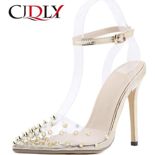 CJDLY 12CM Heels PVC Women Pumps Ankle Cross Strap Rivet Sandals Shoes Woman Ladies Peep Toe High Heels Dress Party Shoes Woman