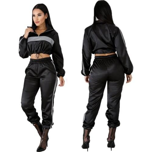 Women Sexy Short Crop Top Sports Suit Turndown Collar Reflective Long Sleeve Fitness Sportswear Set Female 035