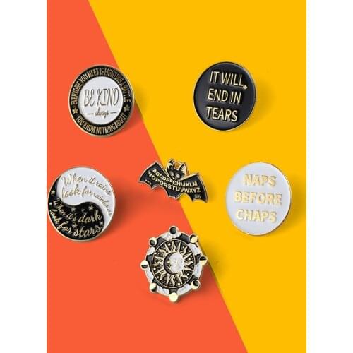 Custom Sun Gear Alphabet Bat Enamel Pins Dark Punk Banner Brooches Lapel Badge Bag Jewelry Gothic Gift For Women Kids Friends