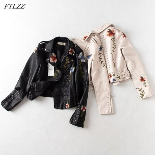 FTLZZ New Spring Autumn Women Faux PU Leather Jacket Vintage Rivet Embroidery Zipper Jacket Casual Motorcycle Windproof Coat