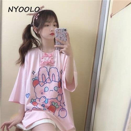 NYOOLO Preppy Style cartoon cute rabbit print short sleeve Bow T-shirt women Summer loose sweet girls O-neck tee shirt tops