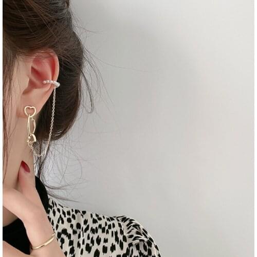 Korean Fashion Earrings for Women Pure Gold Plated Heart Chain Clip on Earrings Pearl Dangle Earrings Fake Ear Cuff Earring